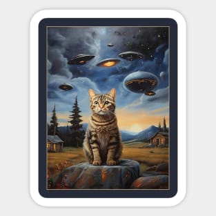 Cat with UFO Alien Sticker